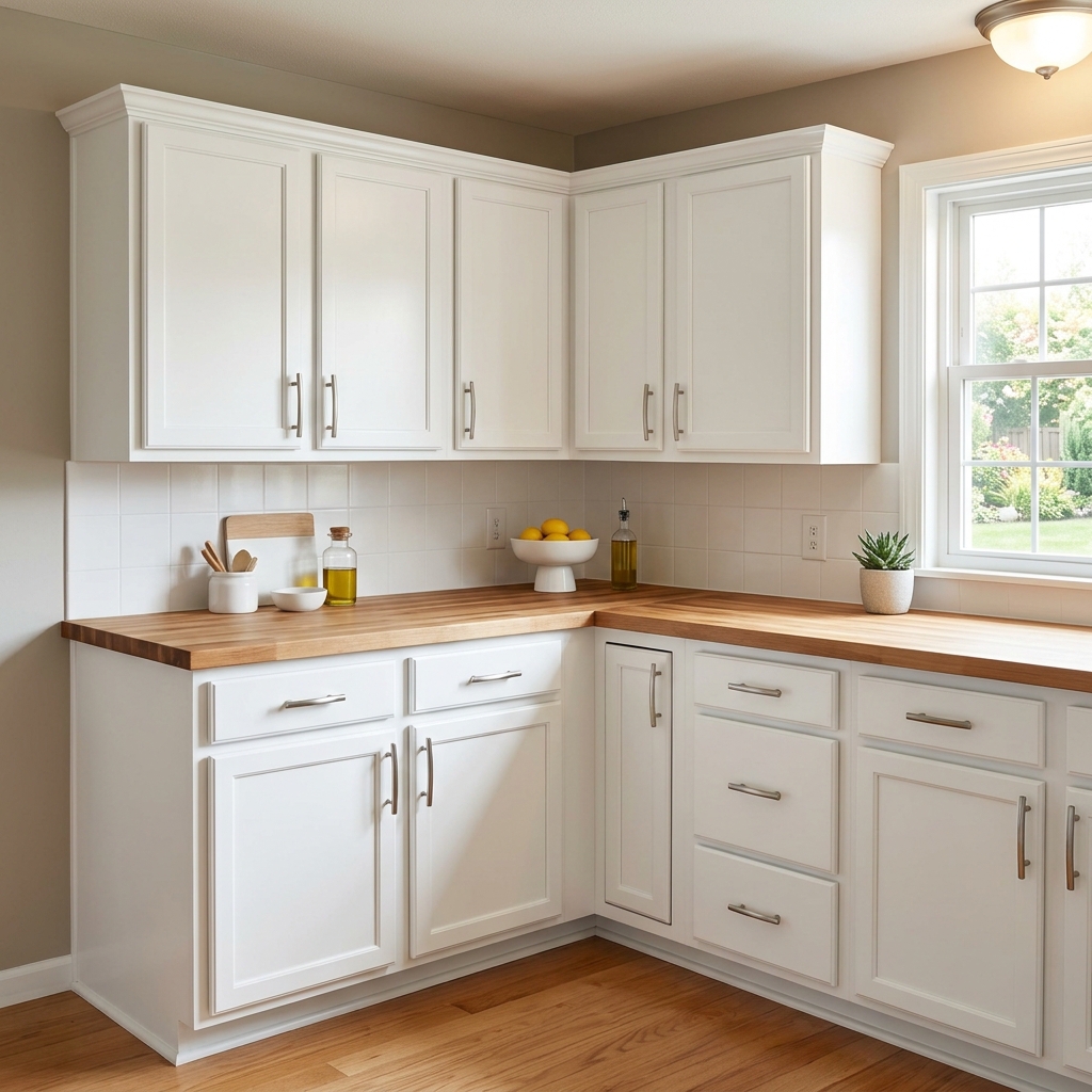 Same kitchen cabinets freshly painted crisp white with smooth factory finish by Apex Painting Solutions