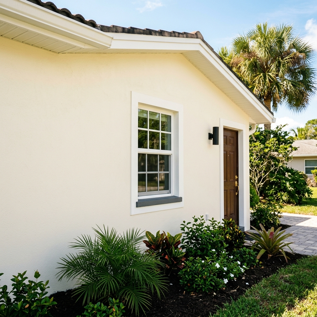 Same stucco exterior wall freshly repainted in warm cream by Apex Painting Solutions Corp