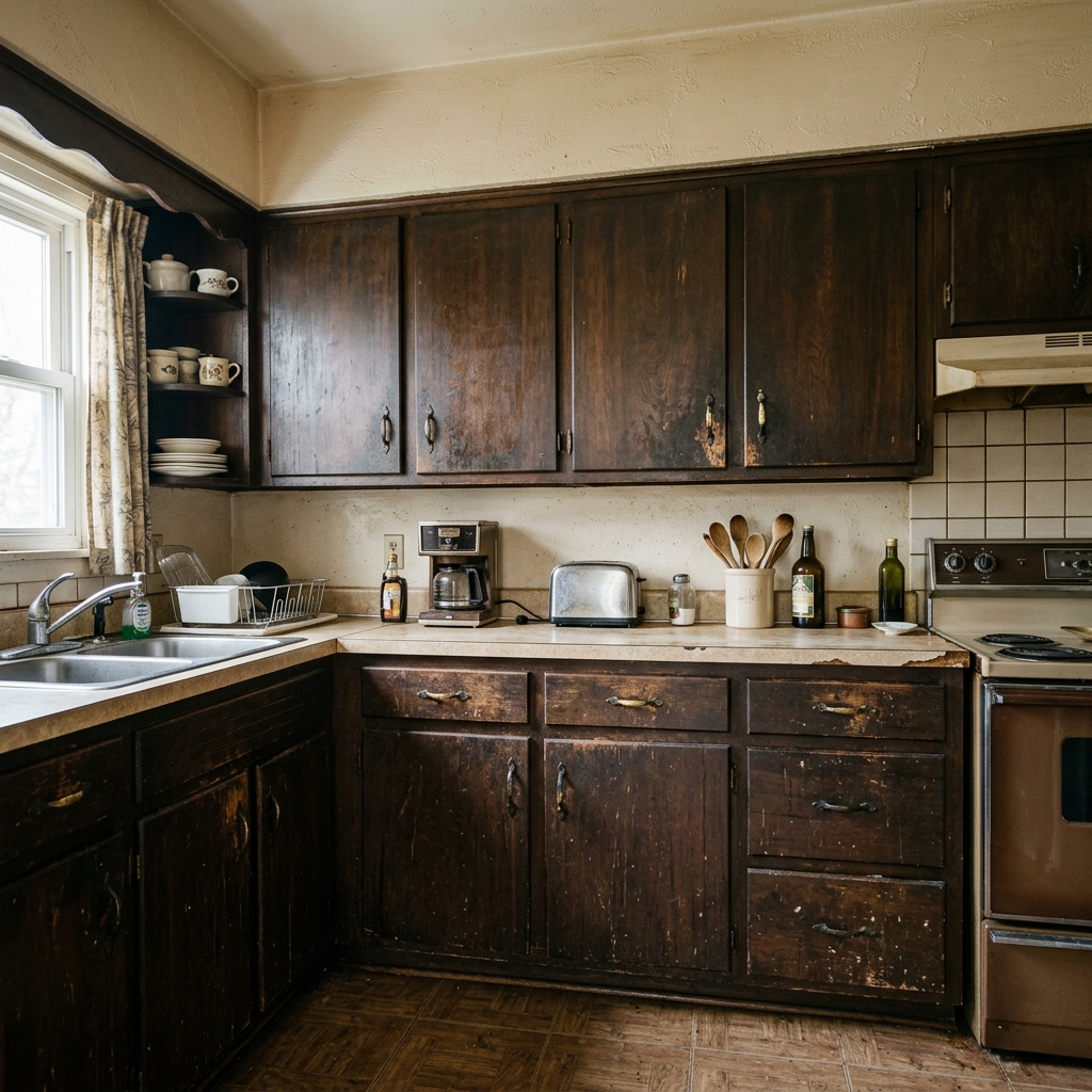 Dated dark wood kitchen cabinets with worn finish before cabinet painting by Apex