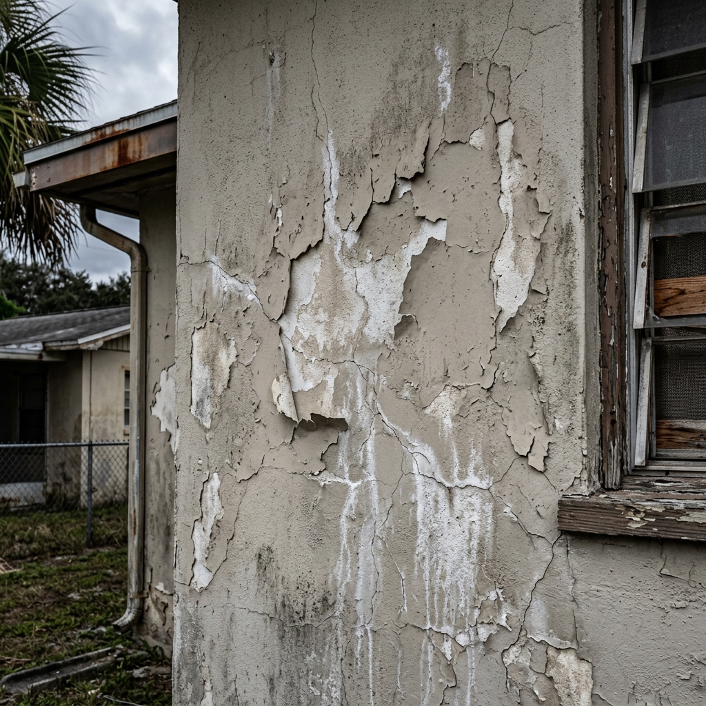 Faded and peeling stucco exterior wall before professional painting by Apex Painting Solutions