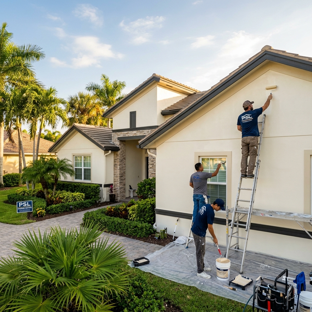 Apex Painting Solutions Corp crew painting a Port St. Lucie home exterior under warm afternoon light