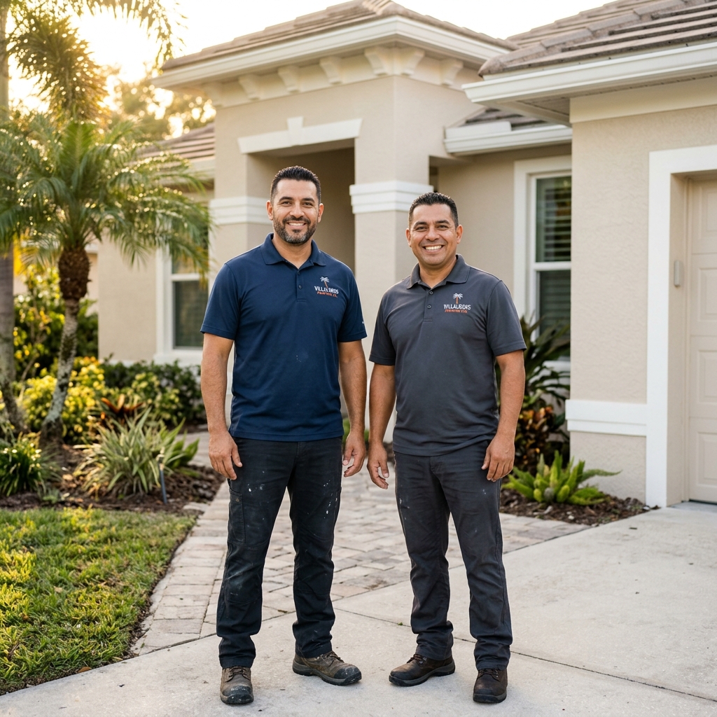 Roberto Hernandez and Martin Hernandez, owners of Apex Painting Solutions Corp, standing in front of a freshly painted Port St. Lucie home